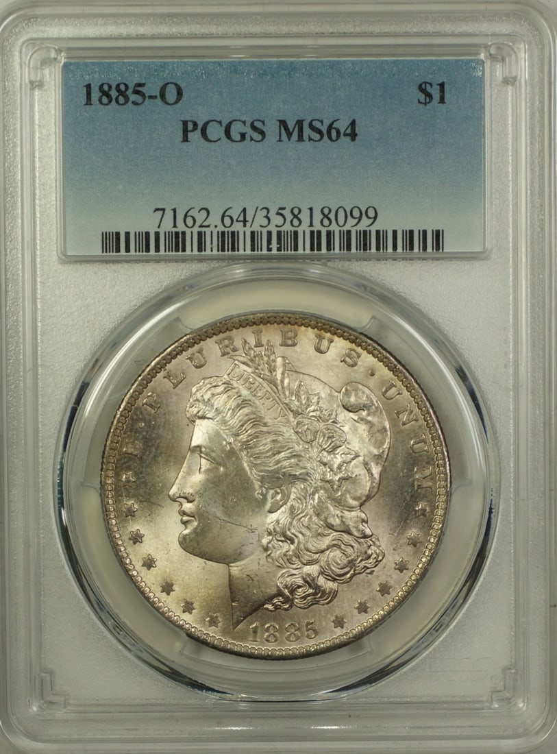 1885-O Morgan Silver Dollar Coin PCGS MS-64 Uncirculated Silver: 1885-O Morgan Silver Dollar Coin PCGS MS-64 Uncirculated Silver This 1885-O Morgan Silver Dollar is a stunning piece of numismatic history. Graded MS-64 by PCGS, this uncirculated coin showcases the i