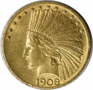 1908 $10 Gold Indian Coin by Augustus Saint Gaudens AU Uncertified: 1908 $10 Gold Indian Coin by Augustus Saint Gaudens AU Uncertified This 1908 $10 Gold Indian features the iconic design by Augustus Saint Gaudens, showcasing a rich history as part of the pre-1933 gol