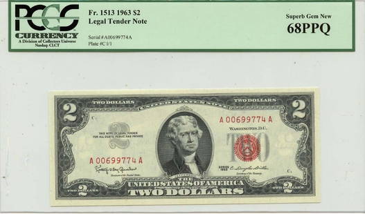 1963 $2 Legal Tender Note FR#1513 PCGS MS68 Uncirculated: 1963 $2 Legal Tender Note FR#1513 PCGS MS68 Uncirculated This 1963 $2 Legal Tender Note (FR#1513) is a remarkable example of U.S. currency, graded by PCGS as MS68, indicating it is in uncirculated con