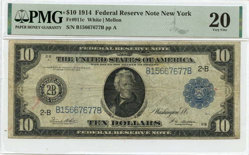 1914 $10 Federal Reserve Note Fr# 911c PMG VF20 New York: 1914 $10 Federal Reserve Note Fr# 911c PMG VF20 New York This 1914 $10 Federal Reserve Note from New York, designated as Fr# 911c, is a notable collectible for currency enthusiasts. It has been graded