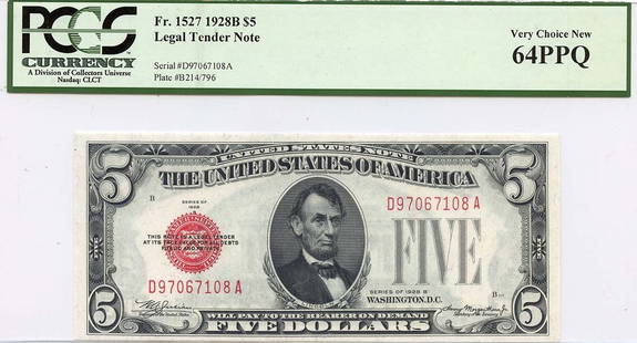 1928B $5 Legal Tender Note MS64 PCGS Certification 80181047: 1928B $5 Legal Tender Note MS64 PCGS Certification 80181047 This 1928B $5 Legal Tender Note is a certified collectible, graded as MS64 by PCGS Currency, with certification number 80181047. It features