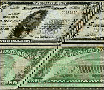 1929 T-1 Youngstown Ohio $5 National Bank Note Circulated: 1929 T-1 Youngstown Ohio $5 National Bank Note Circulated This $5 National Bank Note from Youngstown, Ohio, is a 1929 T-1 type, showcasing a fine grade. The note is circulated, indicating it has been