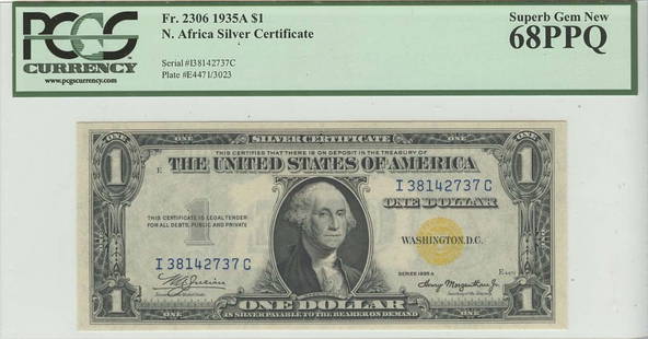 1935A $1 North Africa PCGS MS68 Superb GEM PPQ Note: 1935A $1 North Africa PCGS MS68 Superb GEM PPQ Note This 1935A $1 North Africa note is a remarkable example of currency, graded as MS68 by PCGS, indicating it is in uncirculated condition. The note fe