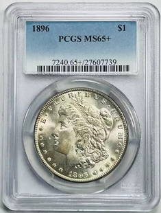 1896 P Morgan Silver Dollar PCGS MS-65+ Uncirculated: 1896 P Morgan Silver Dollar PCGS MS-65+ Uncirculated This stunning 1896 P Morgan Silver Dollar is certified by PCGS with a remarkable grade of MS-65+. Struck in Philadelphia, this uncirculated coin sh