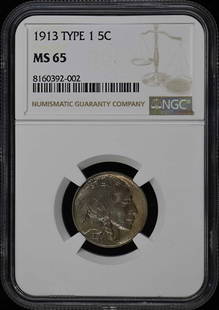 1913 Buffalo Nickel Type I NGC MS65 Uncirculated Philadelphia Coin: 1913 Buffalo Nickel Type I NGC MS65 Uncirculated Philadelphia Coin This 1913 Buffalo Nickel, certified by NGC with a grade of MS65, is a remarkable piece for any coin collector. Struck in Philadelphia