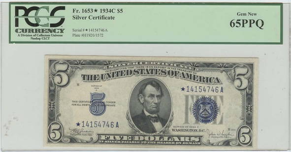 1934C $5 Silver Certificate FR#1653* Star Note PCGS 65PPQ Gem Uncirculated: 1934C $5 Silver Certificate FR#1653* Star Note PCGS 65PPQ Gem Uncirculated This 1934C $5 Silver Certificate, designated as FR# 1653* Star Note, is certified by PCGS with a grade of 65PPQ, indicating i