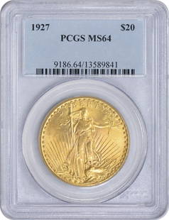1927 $20 Gold St. Gaudens Coin MS64 PCGS Uncirculated: 1927 $20 Gold St. Gaudens Coin MS64 PCGS Uncirculated This 1927 $20 Gold St. Gaudens coin is a stunning piece of numismatic history, certified by PCGS with a grade of MS64. The coin features the renow