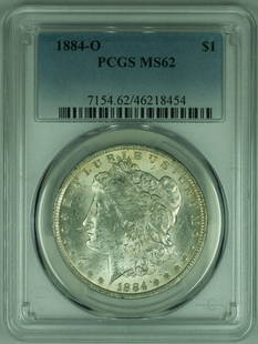 1884-O Morgan Silver Dollar PCGS MS-62 Uncirculated Silver Coin: 1884-O Morgan Silver Dollar PCGS MS-62 Uncirculated Silver Coin This 1884-O Morgan Silver Dollar is a stunning example of American coinage, graded MS-62 by PCGS. Struck in 1884 at the New Orleans Mint