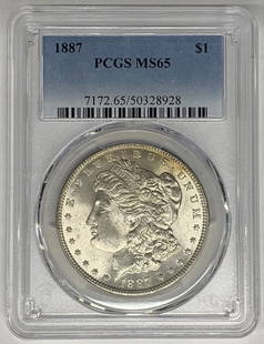 1887 Morgan Silver Dollar Coin PCGS MS 65 Uncirculated Silver: 1887 Morgan Silver Dollar Coin PCGS MS 65 Uncirculated Silver This 1887 Morgan Silver Dollar Coin is a stunning example of American numismatic history. Graded MS 65 by PCGS, this uncirculated coin fea