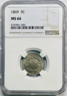 1869 P Nickel Shield NGC MS 66 Rare Date Coin: 1869 P Nickel Shield NGC MS 66 Rare Date Coin This 1869 Nickel Shield is an exceptional find with a grade of MS 66 from NGC, indicating its uncirculated condition. Minted in Philadelphia, this rare da