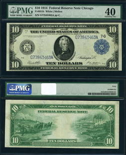 1914 $10 Chicago Federal Reserve Note PMG XF40 Certified: 1914 $10 Chicago Federal Reserve Note PMG XF40 Certified This 1914 $10 Federal Reserve Note from Chicago is a notable piece for collectors. It has been graded XF40 by PMG, indicating an excellent qual
