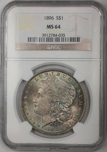 1896 Morgan Silver Dollar NGC MS-64 Uncirculated Toned Coin: 1896 Morgan Silver Dollar NGC MS-64 Uncirculated Toned Coin This 1896 Morgan Silver Dollar is a remarkable example of American coinage, certified by NGC with a grade of MS-64. This uncirculated coin f