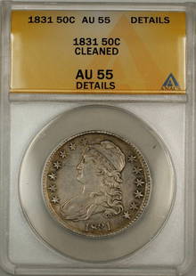 1831 Capped Bust Silver Half Dollar 50c ANACS AU 55 Details: 1831 Capped Bust Silver Half Dollar 50c ANACS AU 55 Details This 1831 Capped Bust Silver Half Dollar (50c) coin is a remarkable piece of numismatic history, certified by ANACS with a grade of AU 55 De