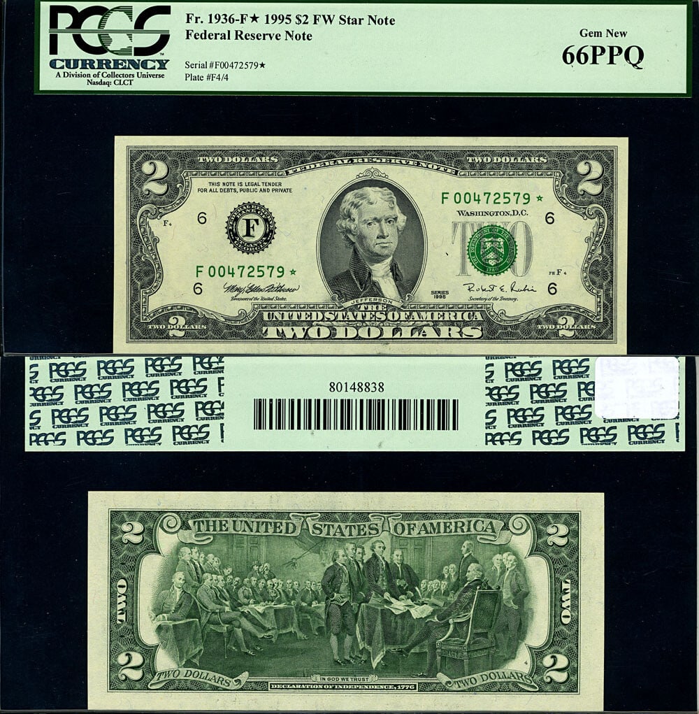 1995 $2 Federal Reserve Note Atlanta Gem PCGS CU66 PPQ: 1995 $2 Federal Reserve Note Atlanta Gem PCGS CU66 PPQ This 1995 Federal Reserve Note features the $2 denomination and is certified by PCGS with a grade of CU66 PPQ Gem, indicating its high quality. T