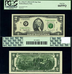 1995 $2 Federal Reserve Note Atlanta Gem PCGS CU66 PPQ: 1995 $2 Federal Reserve Note Atlanta Gem PCGS CU66 PPQ This 1995 Federal Reserve Note features the $2 denomination and is certified by PCGS with a grade of CU66 PPQ Gem, indicating its high quality. T