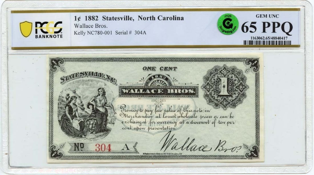 1882 1 Cent Statesville NC780-001 Uncirculated PCGS MS65 Note: 1882 1 Cent Statesville NC780-001 Uncirculated PCGS MS65 Note This 1882 1 Cent note from Statesville, North Carolina, holds the designation NC780-001 and is certified by PCGS Banknote with the certifi