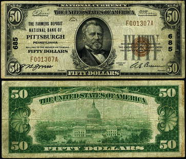 1929 T-1 $50 National Bank Note Farmers Deposit Pittsburgh PA: 1929 T-1 $50 National Bank Note Farmers Deposit Pittsburgh PA This $50 National Bank Note from Farmers Deposit National Bank, Pittsburgh, PA, is a notable piece from 1929 (Type T-1). It is in Fine+ co