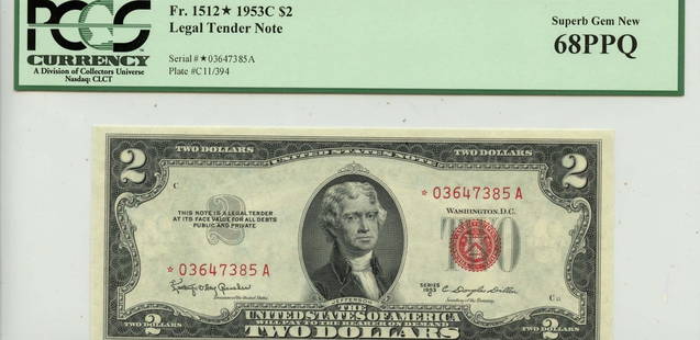1953 $2 Legal Tender Note FR#1512* PCGS Superb Gem 68 PPQ: 1953 $2 Legal Tender Note FR#1512* PCGS Superb Gem 68 PPQ This 1953 $2 Legal Tender Note (FR#1512*) is graded by PCGS as a Superb Gem 68 PPQ, a designation that signifies its exceptional quality. The