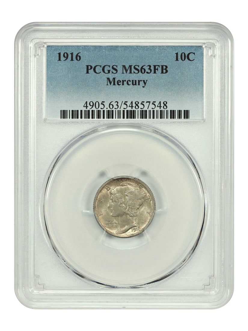 1916 Mercury Dime PCGS MS63FB First Year Issue Uncirculated: 1916 Mercury Dime PCGS MS63FB First Year Issue Uncirculated This 1916 Mercury Dime, graded PCGS MS63FB, represents the first year of issue for this iconic coin. With an uncirculated condition, this di