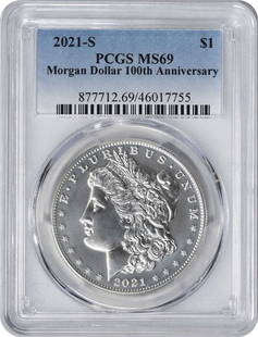 2021-S Morgan Silver Dollar MS69 PCGS 99.9% Silver Uncirculated: 2021-S Morgan Silver Dollar MS69 PCGS 99.9% Silver Uncirculated This 2021-S Morgan Silver Dollar is a stunning piece that showcases the craftsmanship of George T. Morgan, featuring a reeded edge and t