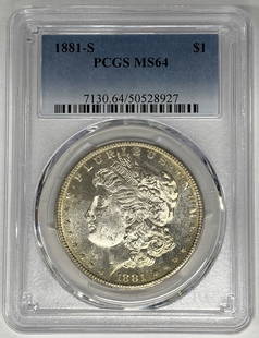 1881-S Morgan Silver Dollar PCGS MS 64 Uncirculated Silver Coin: 1881-S Morgan Silver Dollar PCGS MS 64 Uncirculated Silver Coin This 1881-S Morgan Silver Dollar is a stunning piece of numismatic history, featuring a grade of MS 64. The coin is composed of high-qua