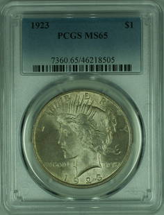 1923 Peace Silver Dollar MS-65 PCGS Uncirculated Light Toning: 1923 Peace Silver Dollar MS-65 PCGS Uncirculated Light Toning This 1923 Peace Silver Dollar is a stunning example of American coinage, featuring a denomination of $1. Graded MS-65 by PCGS, this uncirc