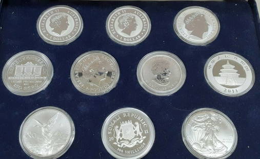 2011 Ten Coin Silver Bullion Set 1 oz Each in Display Case: 2011 Ten Coin Silver Bullion Set 1 oz Each in Display Case This 2011 Ten Coin International Silver Bullion Coin Set features a collection of coins, each containing 1 oz of silver. The set is presented