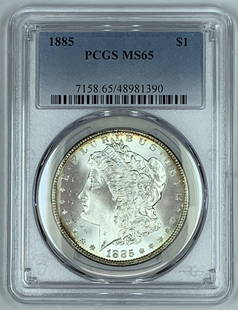 1885 Morgan Silver Dollar Coin PCGS MS 65 Uncirculated: 1885 Morgan Silver Dollar Coin PCGS MS 65 Uncirculated This 1885 Morgan Silver Dollar Coin is an exceptional piece for collectors and enthusiasts alike. Graded MS 65 by PCGS, this uncirculated coin sh