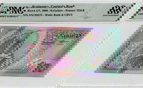2000 Suriname 10 Gulden PMG 66 EPQ Uncirculated Note: 2000 Suriname 10 Gulden PMG 66 EPQ Uncirculated Note This stunning 2000 10 Gulden note from Suriname's Centrale Bank is a remarkable collectible. It is graded as Uncirculated by PMG with a high grade