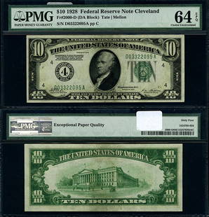 1928 $10 Federal Reserve Note Cleveland PMG CU64 EPQ: 1928 $10 Federal Reserve Note Cleveland PMG CU64 EPQ This 1928 Federal Reserve Note from Cleveland features a denomination of $10 and is graded as CU64 EPQ (Choice) by PMG. It is in uncirculated condi