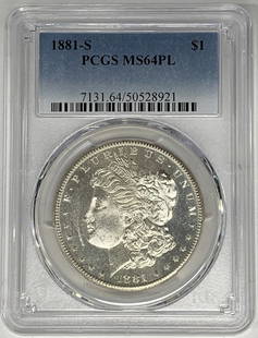 1881-S Morgan Silver Dollar PCGS MS 64 Proof-Like Silver Coin: 1881-S Morgan Silver Dollar PCGS MS 64 Proof-Like Silver Coin This 1881-S Morgan Silver Dollar is a remarkable addition for any coin collector. It features a denomination of $1 and is composed of high