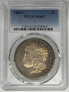 1881-S Morgan Silver Dollar PCGS MS 65 Uncirculated: 1881-S Morgan Silver Dollar PCGS MS 65 Uncirculated This 1881-S Morgan Silver Dollar is a stunning example of American coinage, featuring a grade of MS 65 as certified by PCGS. The coin is composed of