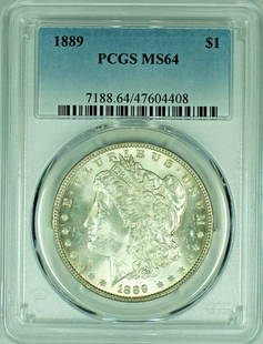 1889 Morgan Silver Dollar PCGS MS 64 Uncirculated Silver Coin: 1889 Morgan Silver Dollar PCGS MS 64 Uncirculated Silver Coin This exquisite 1889 Morgan Silver Dollar, graded MS 64 by PCGS, is a remarkable addition for any coin collector. Featuring a denomination