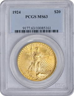 1924 $20 Gold St. Gaudens Coin MS63 PCGS Uncirculated: 1924 $20 Gold St. Gaudens Coin MS63 PCGS Uncirculated This 1924 $20 Gold St. Gaudens coin is a remarkable piece of numismatic history, featuring the iconic design by Augustus Saint Gaudens. Certified