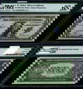1935-A $1 Silver Certificate PMG CU65 EPQ K-C Block Gem: 1935-A $1 Silver Certificate PMG CU65 EPQ K-C Block Gem This 1935-A $1 Silver Certificate is graded CU65 EPQ by PMG, indicating it is in uncirculated condition and exhibits exceptional quality. The bi