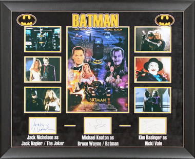 Batman Signed Photograph Display by Nicholson Keaton Basinger Beckett COA: Batman Signed Photograph Display by Nicholson Keaton Basinger Beckett COA This stunning framed display features a photograph personally signed by the iconic trio from Batman: Jack Nicholson, Michael K