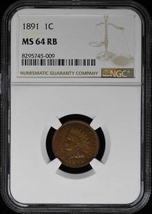 1891 Indian Cent Bronze NGC MS64RB Uncirculated Coin: 1891 Indian Cent Bronze NGC MS64RB Uncirculated Coin This 1891 Bronze Indian Cent is certified by NGC with a grade of MS64RB, indicating it is in uncirculated condition. Minted in Philadelphia, this c