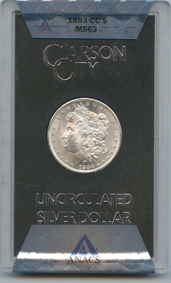 1883-CC Morgan Dollar GSA Hoard ANACS MS63 Uncirculated Coin: 1883-CC Morgan Dollar GSA Hoard ANACS MS63 Uncirculated Coin This stunning 1883-CC Morgan Dollar showcases the iconic design that has made it a favorite among collectors. Graded MS63 by ANACS, this co