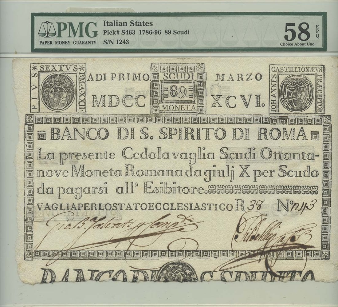Italian States 89 Scudi 1786-96 PMG 58 CH About UNC EPQ: Italian States 89 Scudi 1786-96 PMG 58 CH About UNC EPQ This Italian States 89 Scudi note, issued between 1786 and 1796, is a collectible piece that showcases historical currency from the region. It h