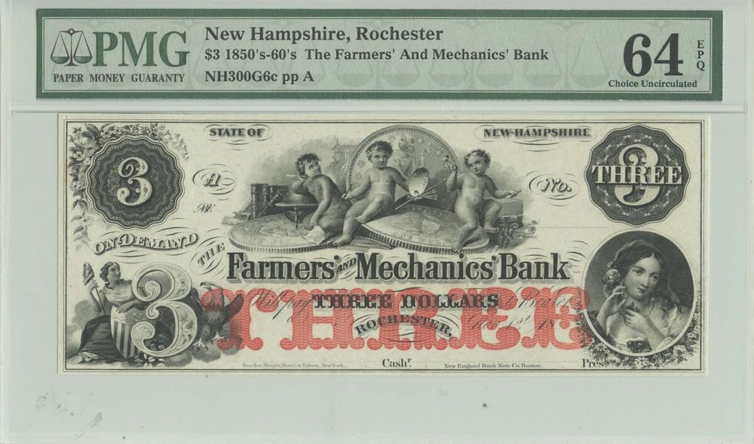 1850s-60s $3 Rochester NH Obsolete Note PMG 64 EPQ Rare Currency: 1850s-60s $3 Rochester NH Obsolete Note PMG 64 EPQ Rare Currency This is an exceptional 1850s-60s $3 obsolete note from Rochester, New Hampshire, graded PMG 64 CH UNC EPQ, indicating it is in choice u