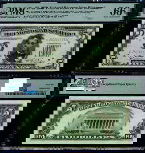 1950 $5 Federal Reserve Note Richmond E-A Block PMG CU66 EPQ: 1950 $5 Federal Reserve Note Richmond E-A Block PMG CU66 EPQ This is a 1950 Federal Reserve Note with a denomination of $5, featuring a Richmond E-A Block. It has been graded as CU66 EPQ Gem by PMG, i