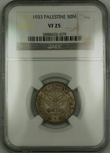 1933 Palestine 50 Mils Silver Coin NGC VF 25 Certified: 1933 Palestine 50 Mils Silver Coin NGC VF 25 Certified This 1933 Palestine 50 Mils silver coin is a remarkable piece of history, certified by NGC with a grade of VF 25. The coin has been circulated, s