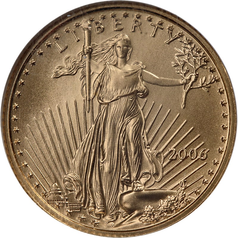 2006 Gold American Eagle $5 NGC MS70 Brown Label Coin: 2006 Gold American Eagle $5 NGC MS70 Brown Label Coin This 2006 Gold American Eagle coin features a stunning uncirculated finish and is certified by NGC with a perfect grade of MS70. Made of high-qual
