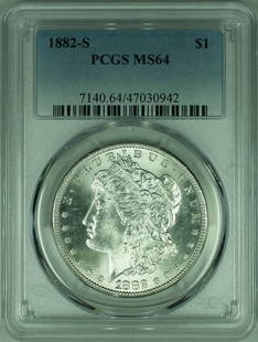 1882-S Morgan Silver Dollar Coin PCGS MS-64 Uncirculated Silver: 1882-S Morgan Silver Dollar Coin PCGS MS-64 Uncirculated Silver This 1882-S Morgan Silver Dollar Coin is in uncirculated condition and showcases the iconic design that has made the Morgan series highl