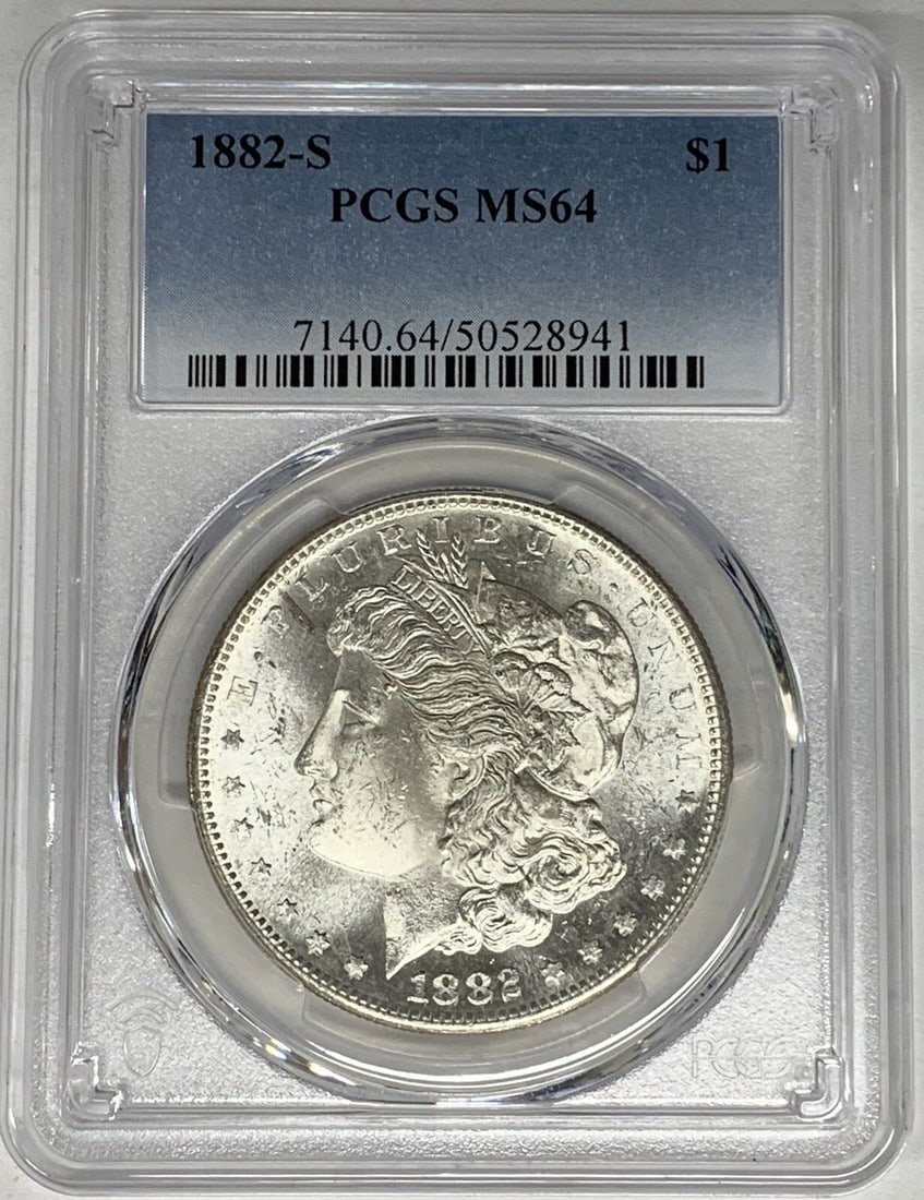 1882-S Morgan Silver Dollar PCGS MS 64 Uncirculated: 1882-S Morgan Silver Dollar PCGS MS 64 Uncirculated This 1882-S Morgan Silver Dollar is a stunning piece of numismatic history, graded MS 64 by PCGS. As an uncirculated coin, it showcases the exquisit