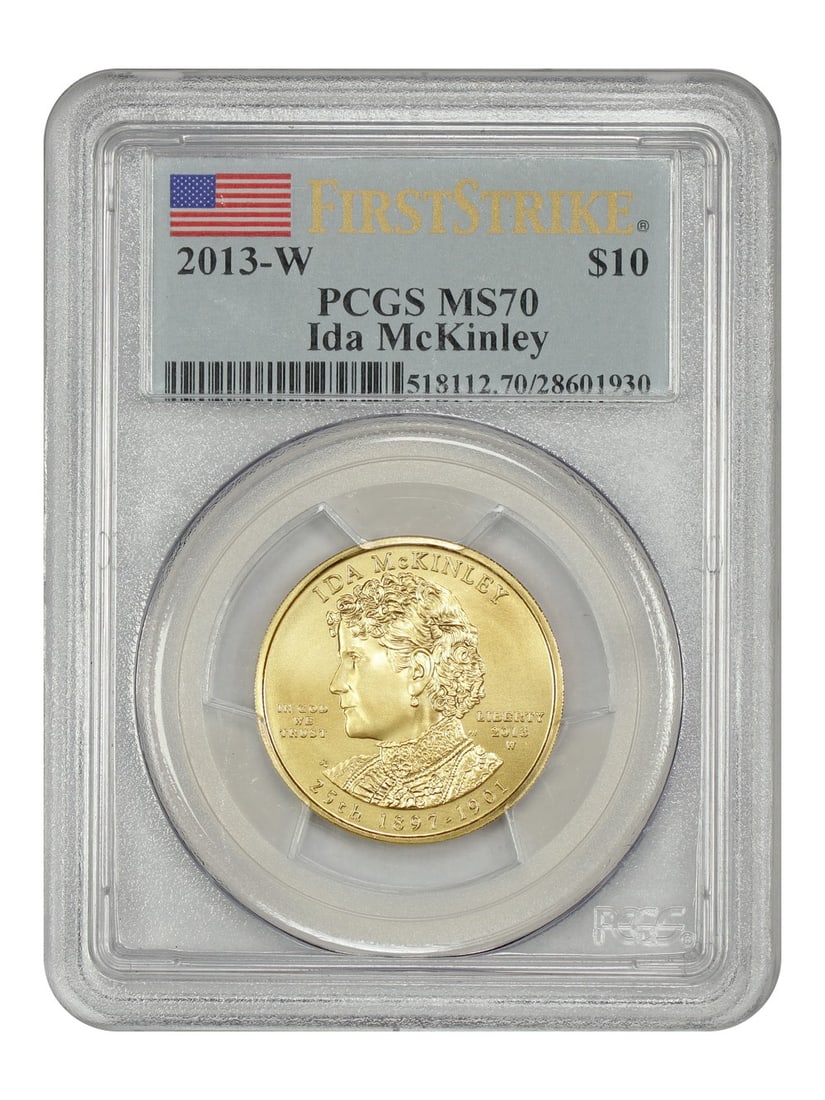 2013-W $10 Ida McKinley PCGS MS70 First Spouses Coin: 2013-W $10 Ida McKinley PCGS MS70 First Spouses Coin This exquisite 2013-W $10 Ida McKinley coin is certified by PCGS with a perfect grade of MS70, denoting its pristine uncirculated condition. Struck