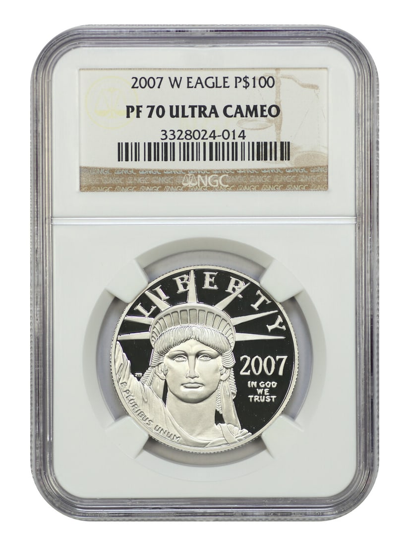 2007-W $100 Statue of Liberty Platinum Eagle NGC PR70DCAM Coin: 2007-W $100 Statue of Liberty Platinum Eagle NGC PR70DCAM Coin This stunning 2007-W $100 Statue of Liberty Platinum Eagle coin is graded PR70DCAM by NGC, ensuring its exceptional quality and pristine 