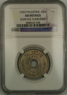 1933 Palestine 10 Mils Coin NGC AU Details Circulated: 1933 Palestine 10 Mils Coin NGC AU Details Circulated This 1933 Palestine 10 Mils coin is certified by NGC and graded AU Details, indicating that it has been circulated and exhibits surface hairlines.
