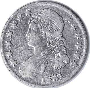1831 Bust Half Dollar XF Silver Coin John Reich Design: 1831 Bust Half Dollar XF Silver Coin John Reich Design This 1831 Bust Half Dollar is a remarkable piece of numismatic history, featuring a design by John Reich. The coin is circulated and ungraded, sh