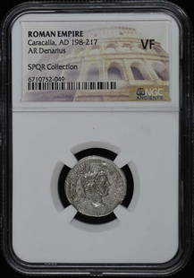 Caracalla AR Denarius Coin NGC VF20 Ancient Roman Empire: Caracalla AR Denarius Coin NGC VF20 Ancient Roman Empire This Ancient Roman AR Denarius, minted during the reign of Emperor Caracalla (AD 198-217), is certified by NGC with a grade of VF20. The coin s